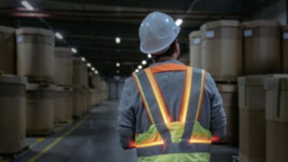 Das Contact Tracing Paket von Linde connect erfasst die Kontakte Ihrer Mitarbeiter. Mitarbeiter trägt die Secure Distance Vest von Linde Material Handling im Lager