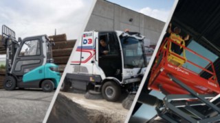 Zusammenschnitt von Bildern, links Baoli Elektrostapler, mittig D6 Kehrmaschine von Dulevo, rechts Skyjack Scherenhebebühne, alle zeigen die Maschinen im Arbeitseinsatz