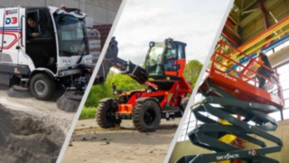 Zusammenschnitt von Bildern, links eine D6 Kehrmaschine von Dulevo, mittig ein Teleskoplader von Sennebogen, rechts Skyjack Scherenhebebühne, alle zeigen die Maschinen im Arbeitseinsatz