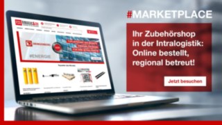 Laptop auf Tisch, dahinter eine Lagerhalle unscharf, Text auf der rechten Seite "#marketplace, Ihr Zubehörshop in der Intralogistik Online bestellt, regional betreut!"