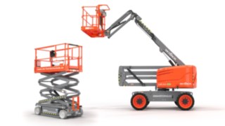 Scherenbühne links Skyjack SJ4720 und rechts SJ45 Gelenk-Teleskopbühne in orange und grau 