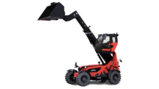 Linde Teleskoplader YH60 mit ausgefahrenen Ausleger und Schüttgutschaufel