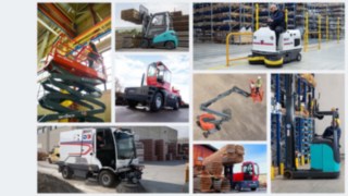 Bilder Collage von Skyjack, Dulevo, Baoli und Bulmor, verschiede Geräte im Arbeitseinsatz