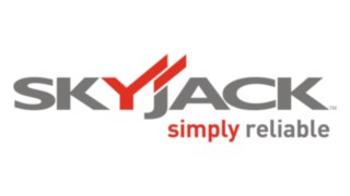 Skyjack Logo Schrift in grau und orange, darunter der Claim simply reliable