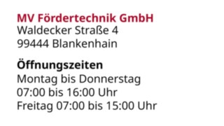 Adresse und Öffnungszeiten von MV Födertechnik