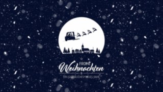 Gabelstapler als Rentierschlitten über der Stadt im Schnee